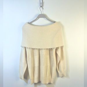 Lambswool and angora rabbit hair long sleeve cream knit sweater fold over collar